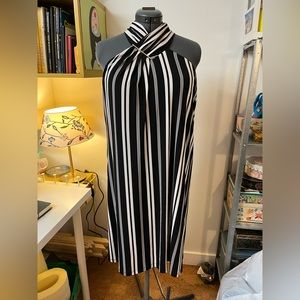 Calvin Klein balaclava and white stripe dress